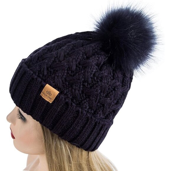 Women’s Navy Winter Ribbed Beanie Hat Chunky Cable Knit Pompom Warm main image 6